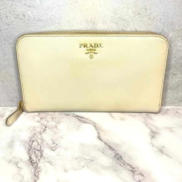 Prada Saffiano Cream Leather Zip Wallet Gold Hardware with Authenticity Card - Picture 2 of 12
